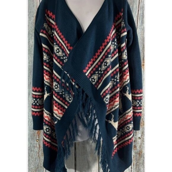 Pink Owl Navy Aztec Reindeer Fringe Open Front Cardigan Sweater Size Small - Picture 2 of 5